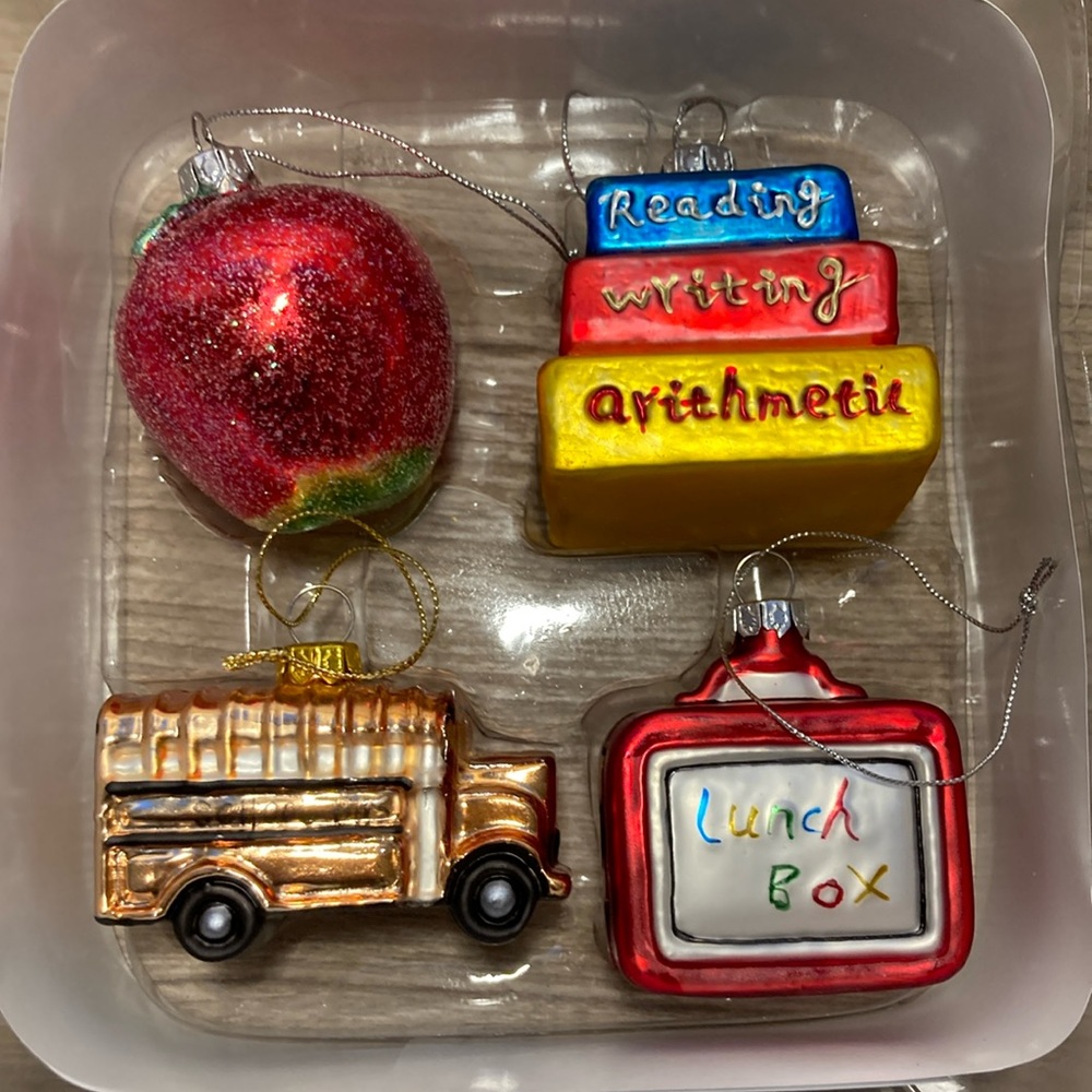 NWOT Four glass Christmas ornaments school theme